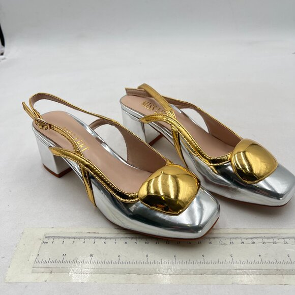 miss left Silver Square Toe Pumps with Buckles Slip On Chunky Heel Slingback - Picture 4 of 8